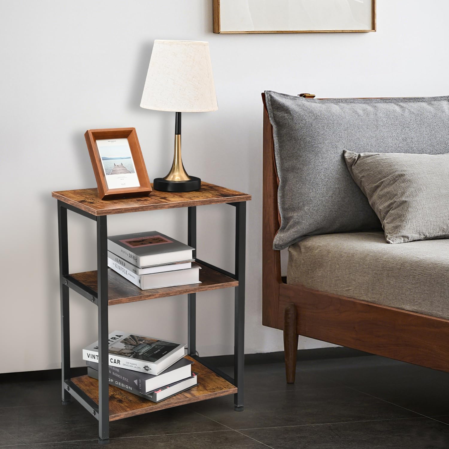 H JINHUI 3-Tier Side Table, Sofa End Table, Solid Wood Tall End Table with Storage Shelves, Nightstand Bedside Table for Living Room Bedroom Office