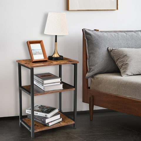 H JINHUI 3-Tier Side Table, Sofa End Table, Solid Wood Tall End Table with Storage Shelves, Nightstand Bedside Table for Living Room Bedroom Office