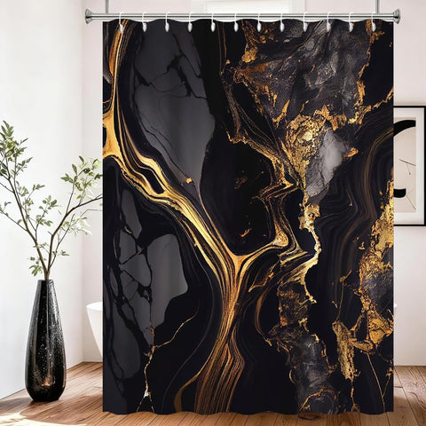 Xiaoterna Marble Shower Curtain Abstract Black Gold Marble Bathroom Curtain Gold Powder Sparkling Modern Luxury Marble Shower Curtain Machine