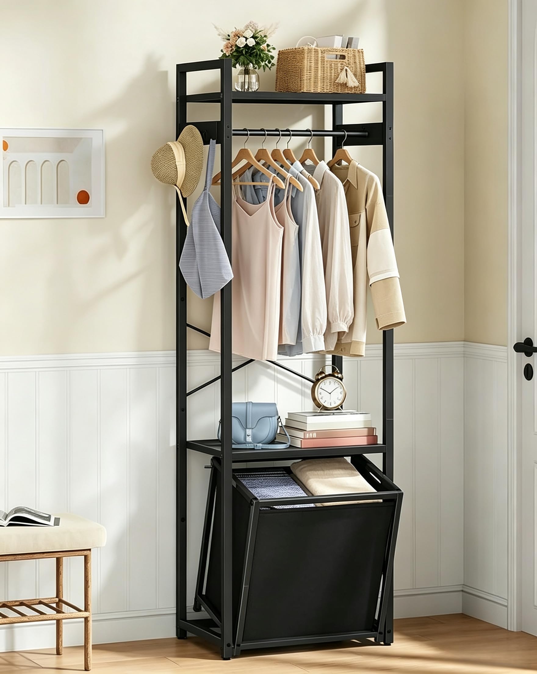 Hoctieon Open Wardrobe Clothes Rail, Garment Rack with Removable 35L Fabric Storage Basket & Tier Shelves, Freestanding Coat Stand for Hallway
