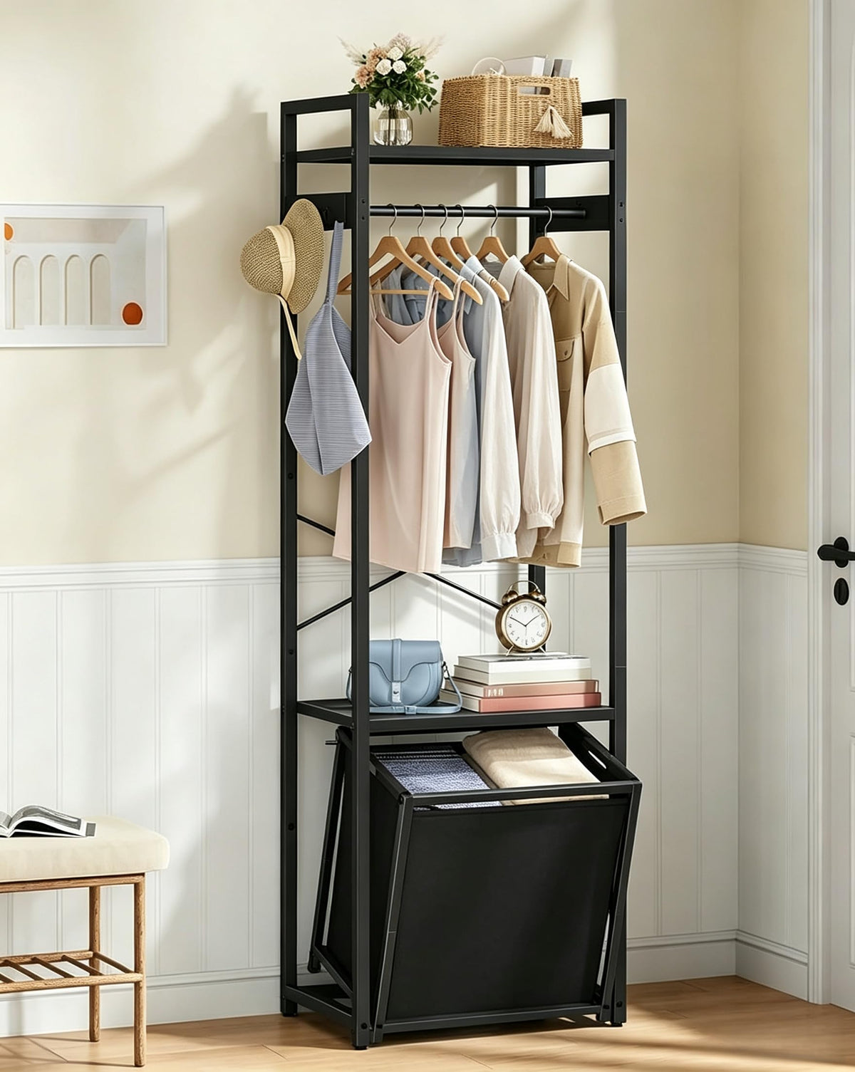 Hoctieon Open Wardrobe Clothes Rail, Garment Rack with Removable 35L Fabric Storage Basket & Tier Shelves, Freestanding Coat Stand for Hallway