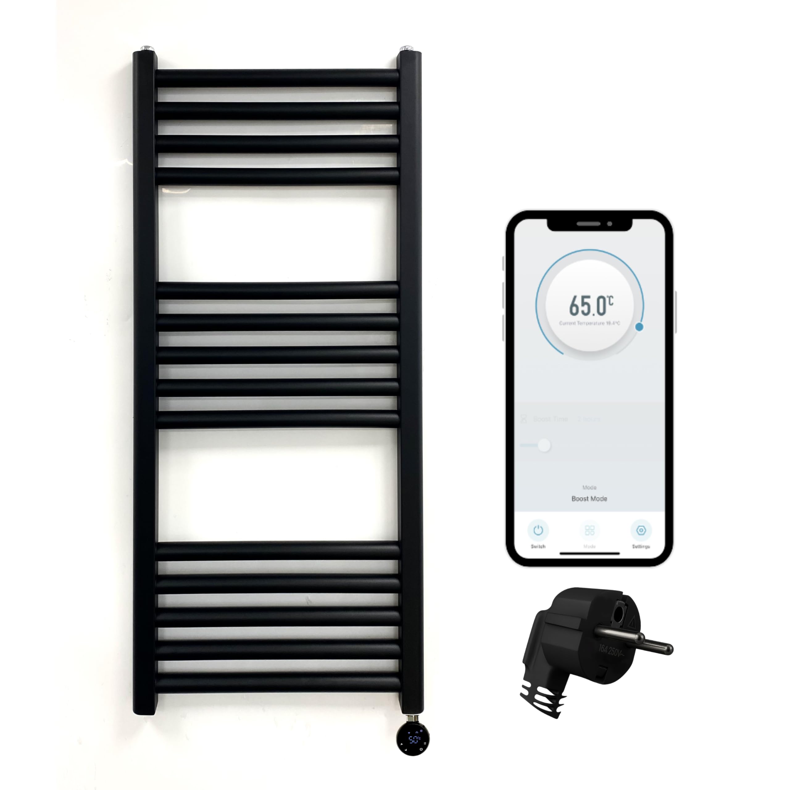 Greened House Electric WiFi Heated Towel Rail Black 500mm W x 800mm H) Smart Flat 7 Day Programmable Timer App Compatibility (EU)