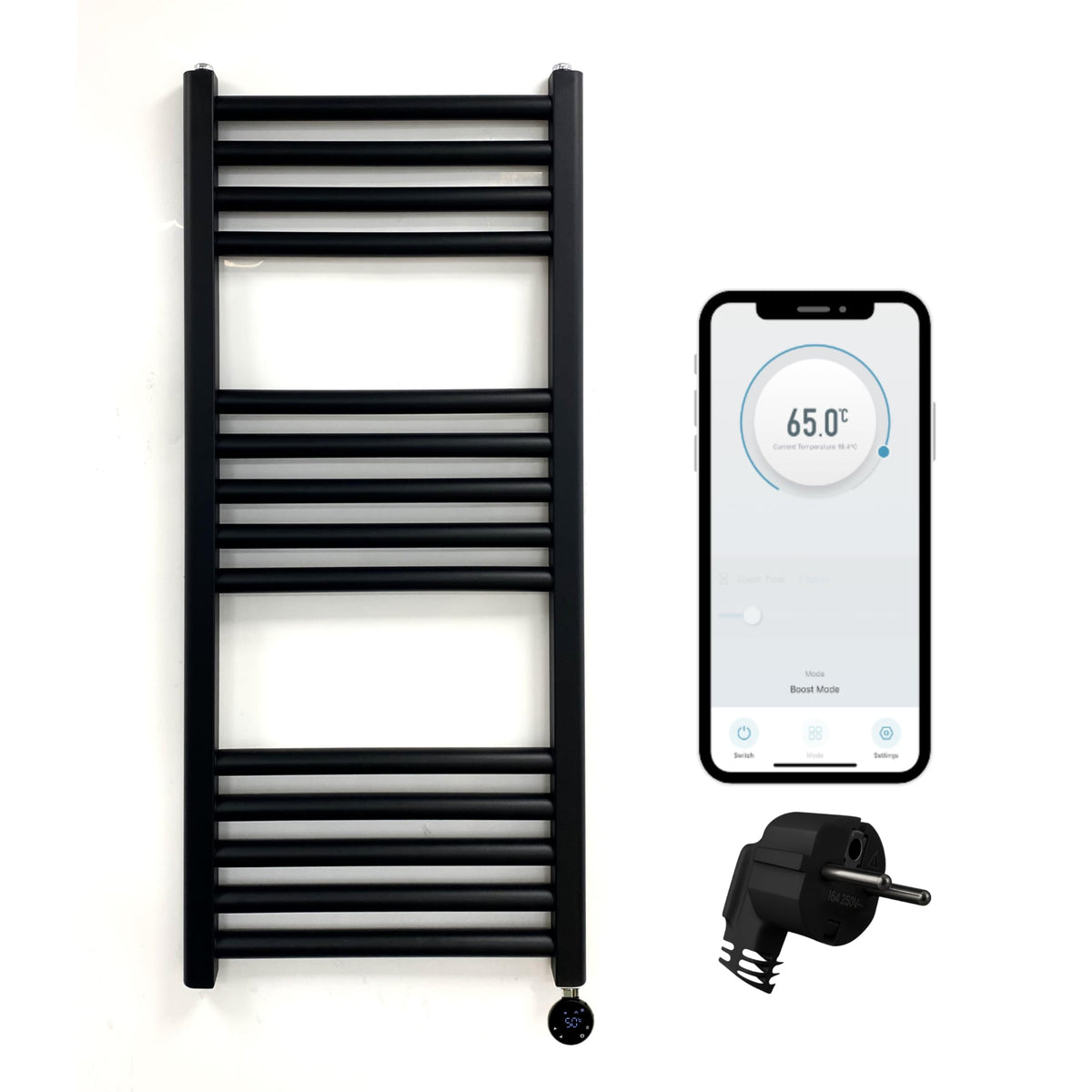 Greened House Electric WiFi Heated Towel Rail Black 500mm W x 800mm H) Smart Flat 7 Day Programmable Timer App Compatibility (EU)