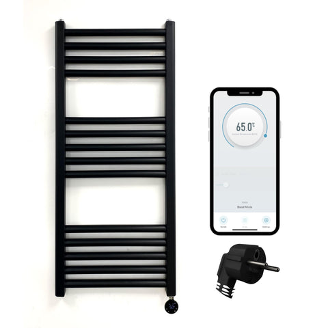 Greened House Electric WiFi Heated Towel Rail Black 500mm W x 800mm H) Smart Flat 7 Day Programmable Timer App Compatibility (EU)