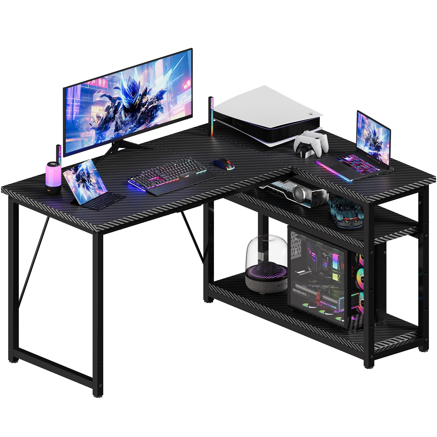 JUMMICO Small 120x80cm L-Shaped Corner Desk with Storage,Compact Corner Computer Desk for Home Office, Carbon Fibre Black