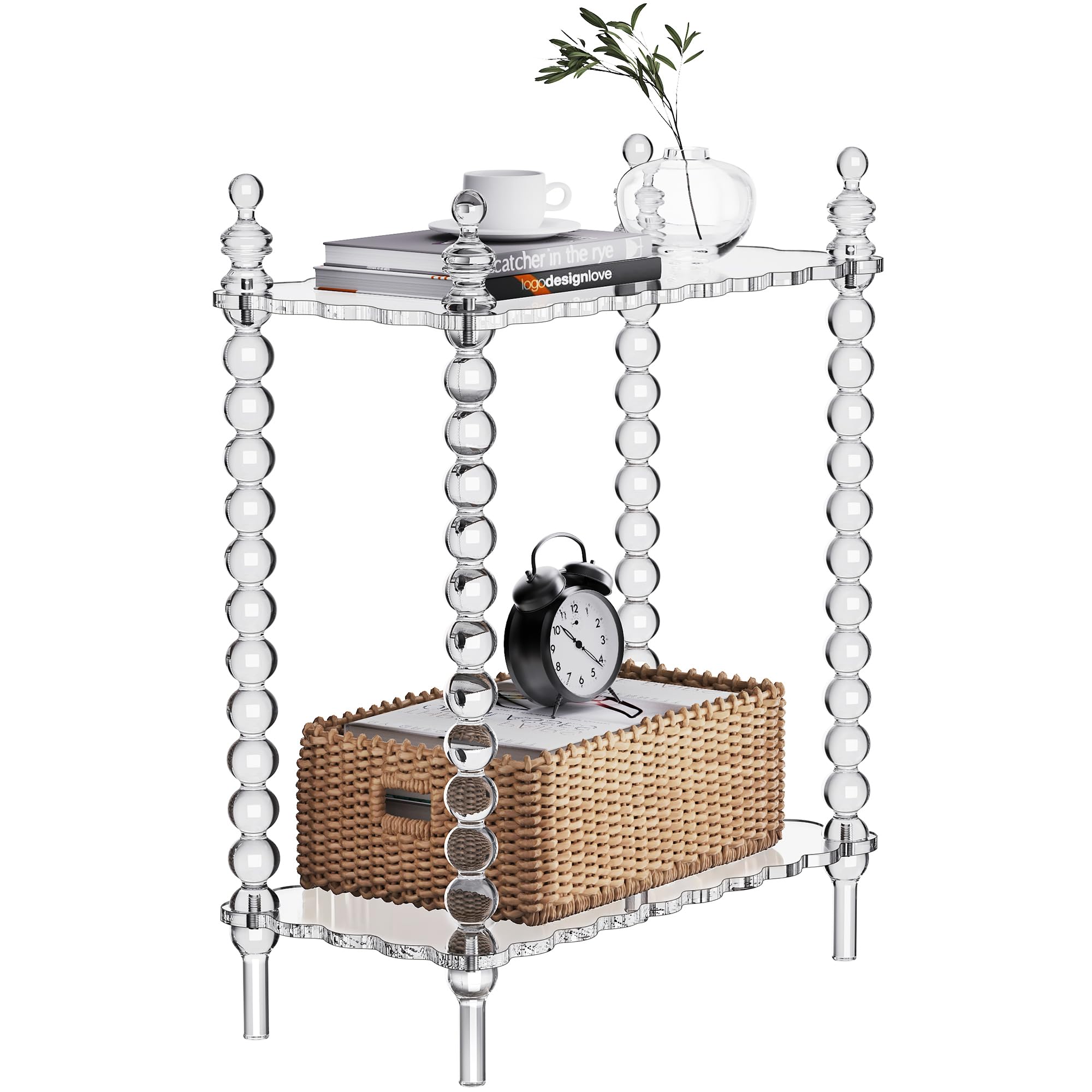 Dewrhiixe Acrylic Side Table 2-Tier, Clear Nightstand with Storage, Narrow Bedside End Table for Small Spaces (Clear, 20.7"×10.4“×25.9”)