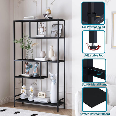 Yusong Black Bookshelf, Industrial Bookcase Open Storage Shelves with Metal Frame, Freestanding Display Rack Tall Shelving Unit for Living Room
