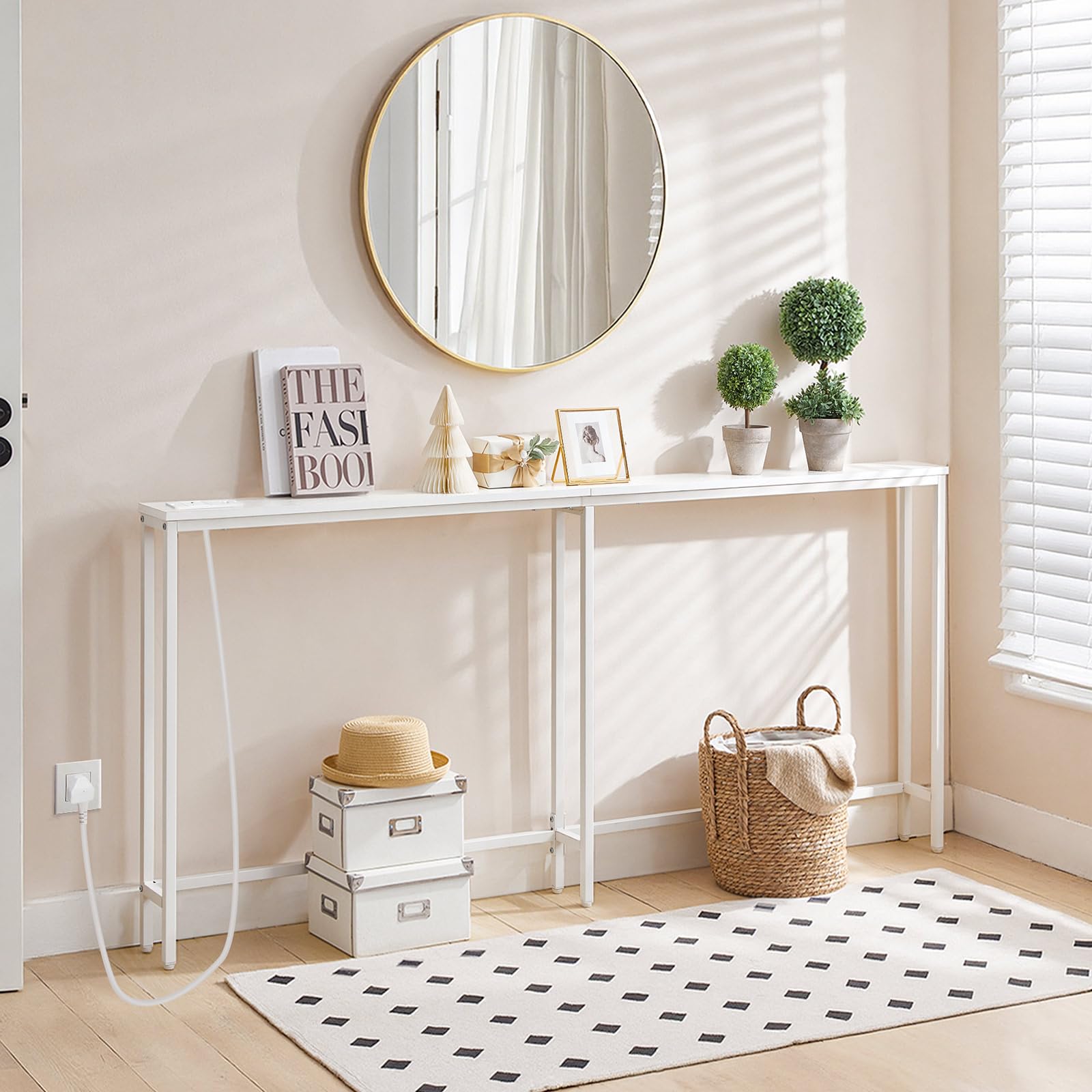 HOOBRO Narrow Console Table with Charging Station, 160 cm Behind Sofa Couch Table, Long Hallway Table, Slim Console Table for Hallway, Entryway