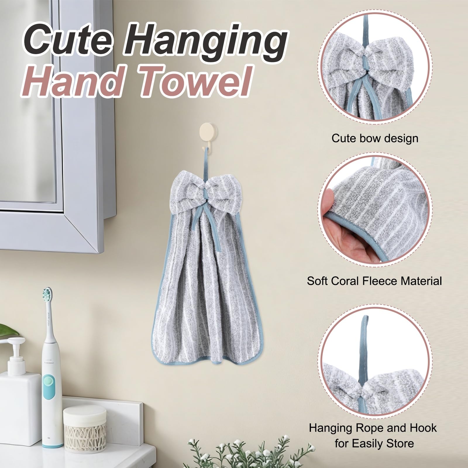 sourcing map 4Pcs Bow Hand Towels with Hanging Loop, 14.2" x 11.8" Soft Coral Fleece Microfiber Bowknot Hanging Hand Dry Towels Quick Dry and