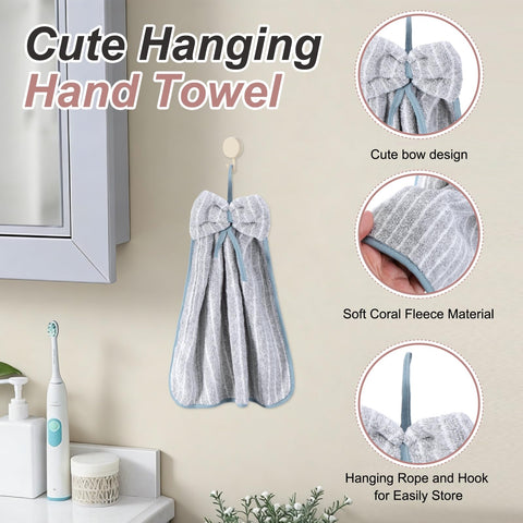 sourcing map 4Pcs Bow Hand Towels with Hanging Loop, 14.2" x 11.8" Soft Coral Fleece Microfiber Bowknot Hanging Hand Dry Towels Quick Dry and