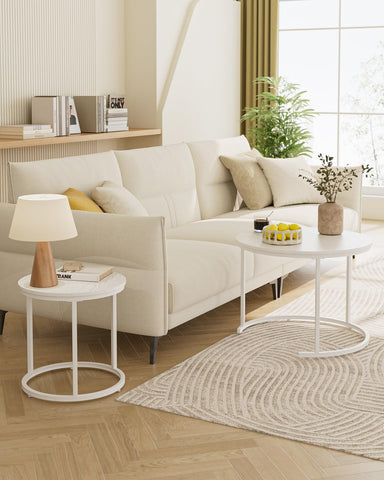 HEYZOEY Round Coffee Tables, Removable Set of 2 End Table, Nesting Tables with White Metal Frame Legs and Wooden white Top for Living Room, Bedroom