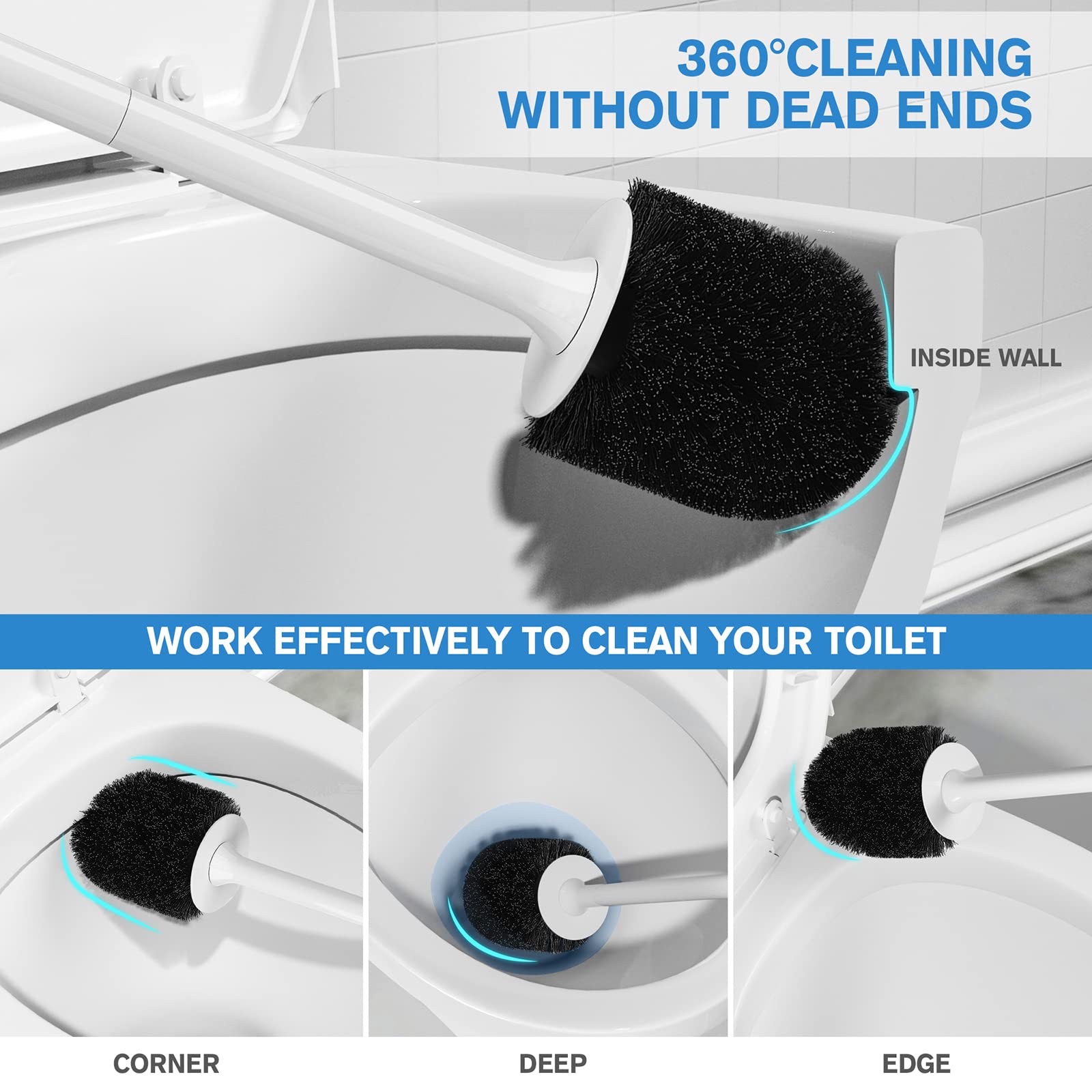 uptronic Toilet Brush and Holder 2 Pack, Toilet Brush with Ventilated Holder, Toilet Bowl Brush with Long and Large Handle for Bathroom-Ergonomic