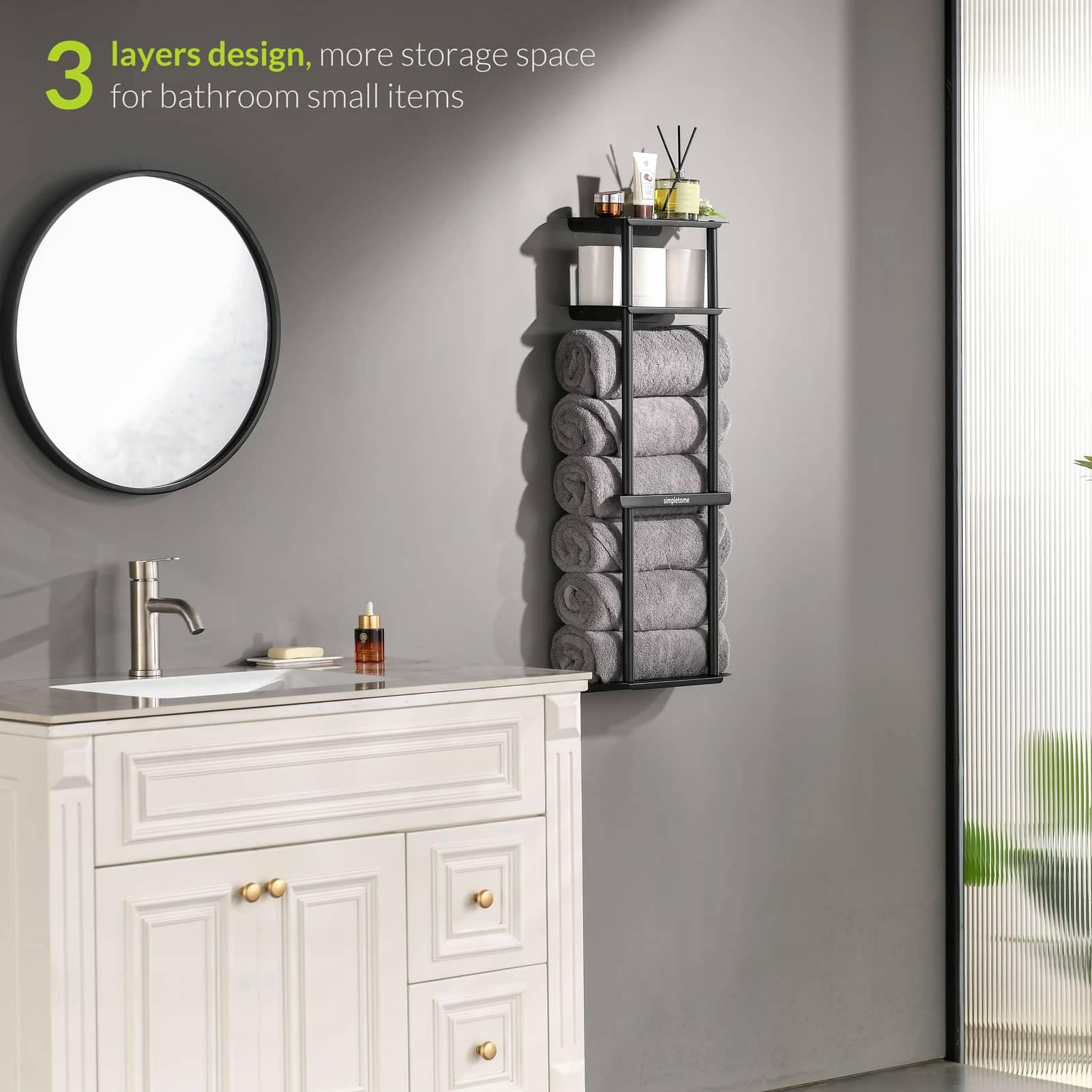 Towel Storage Rack Wall for Bathroom, Camping Chair Holder with Shelves