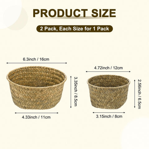 M METERXITY 2-Pack Natural Seagrass Woven Storage Basket, Small Round Storage Seaweed Woven Sundries Baskets for Fruit/Kitchen/Desktop/Household