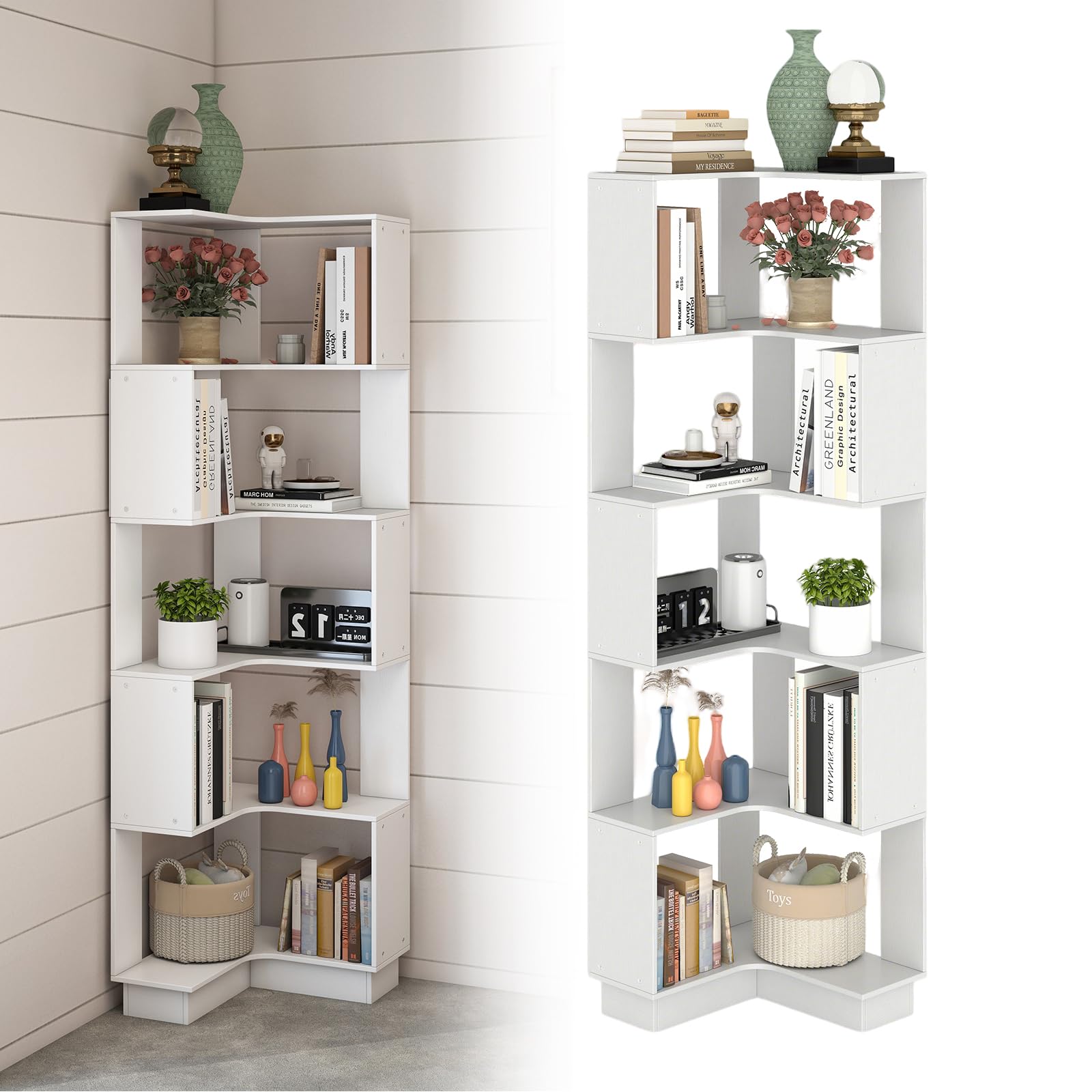 uyoyous Bookcase White, Corner Bookcase with 6 Levels, 175 cm Corner Shelf, Standing, 90° L-shaped Bookcase for Study, Bedroom, Office