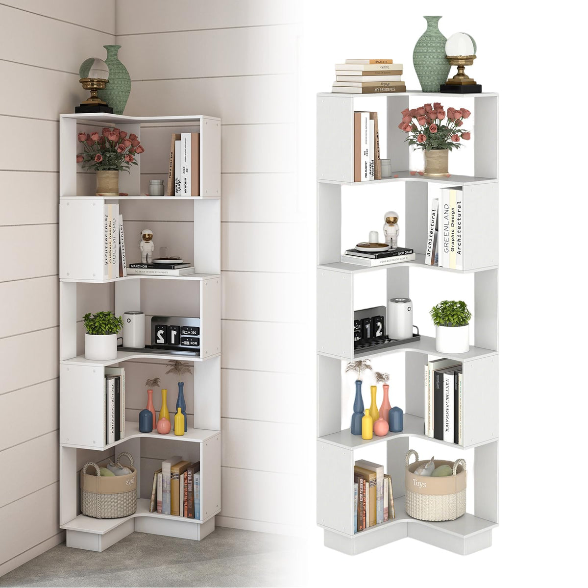 uyoyous Bookcase White, Corner Bookcase with 6 Levels, 175 cm Corner Shelf, Standing, 90° L-shaped Bookcase for Study, Bedroom, Office