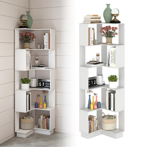 uyoyous Bookcase White, Corner Bookcase with 6 Levels, 175 cm Corner Shelf, Standing, 90° L-shaped Bookcase for Study, Bedroom, Office