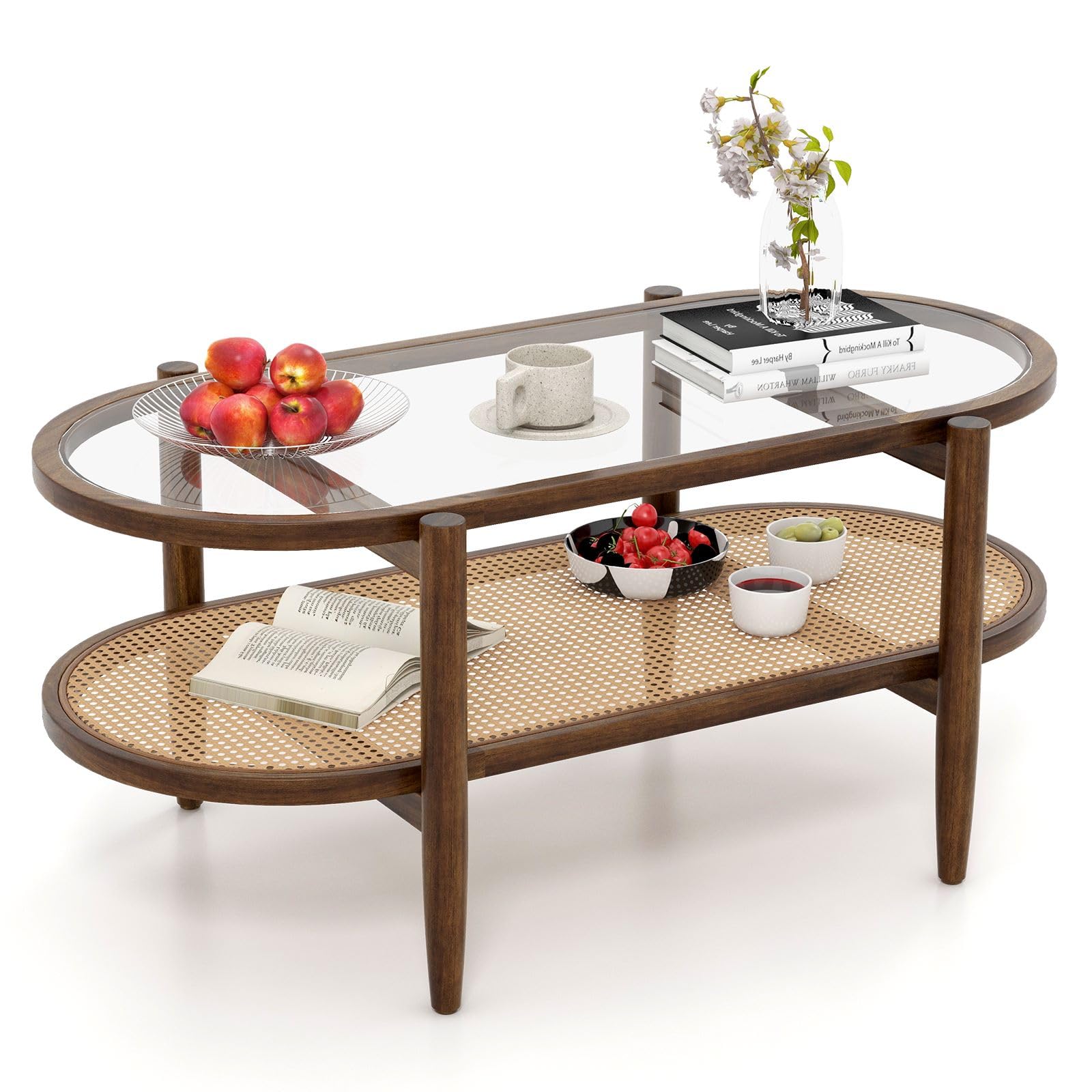CASART Coffee Table, 2-Tier Tempered Glass Tea Table with Acacia Wood Frame & Rattan Storage Shelf