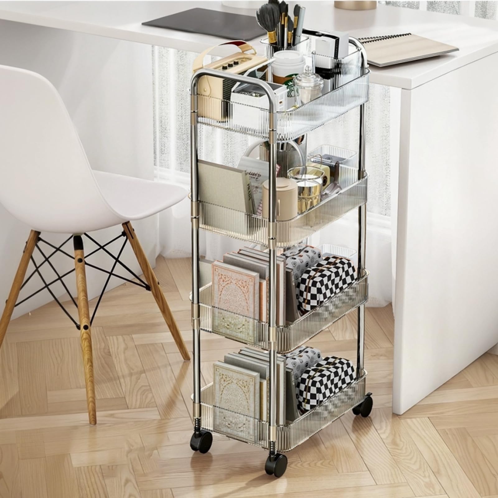 Speclux 4-Tier Clear Acrylic Rolling Storage Trolley on Wheels with Bonus Hanging Cups, Lockable Wheels & Handle