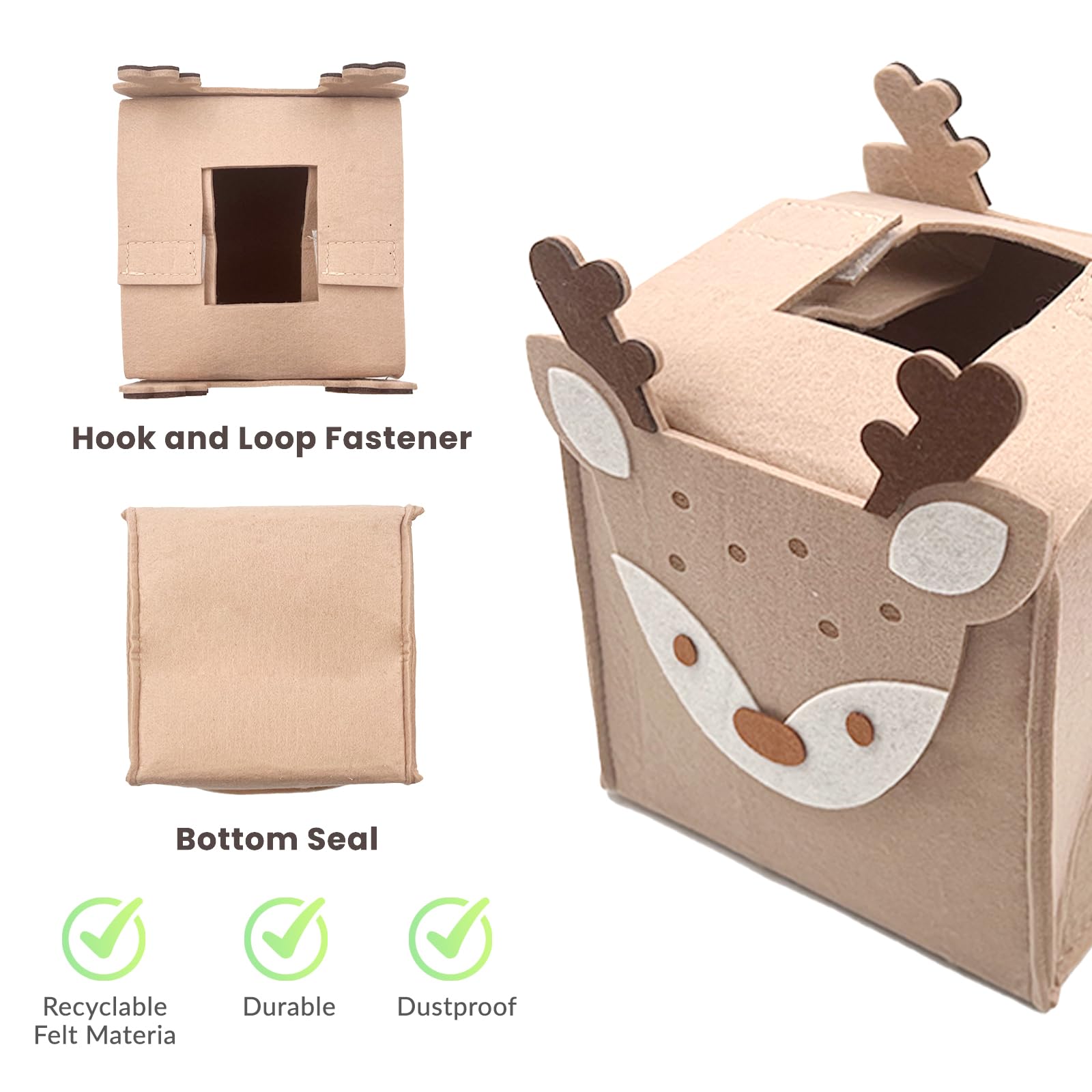 Daily Treasures Cute Deer Square Tissue Box Cover,Refillable Felt Tissue Box Holder with Hook And Loop Fasteners,Unique Tissue Storage Organizer