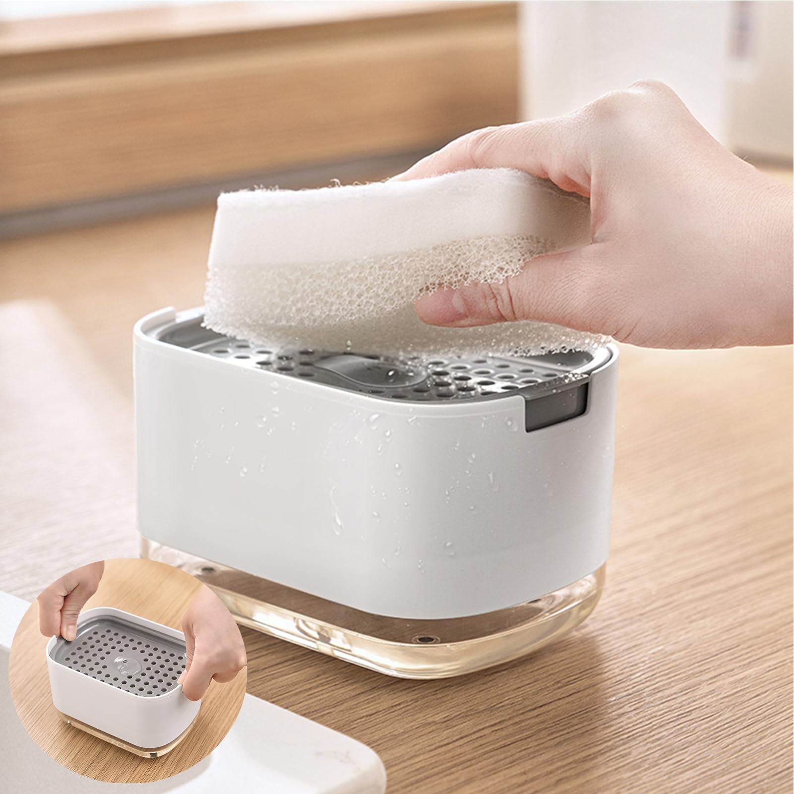 Dish Soap Dispenser, RUFCRIL 300ml Kitchen Soap Pump Dispenser with Sponge Included, White