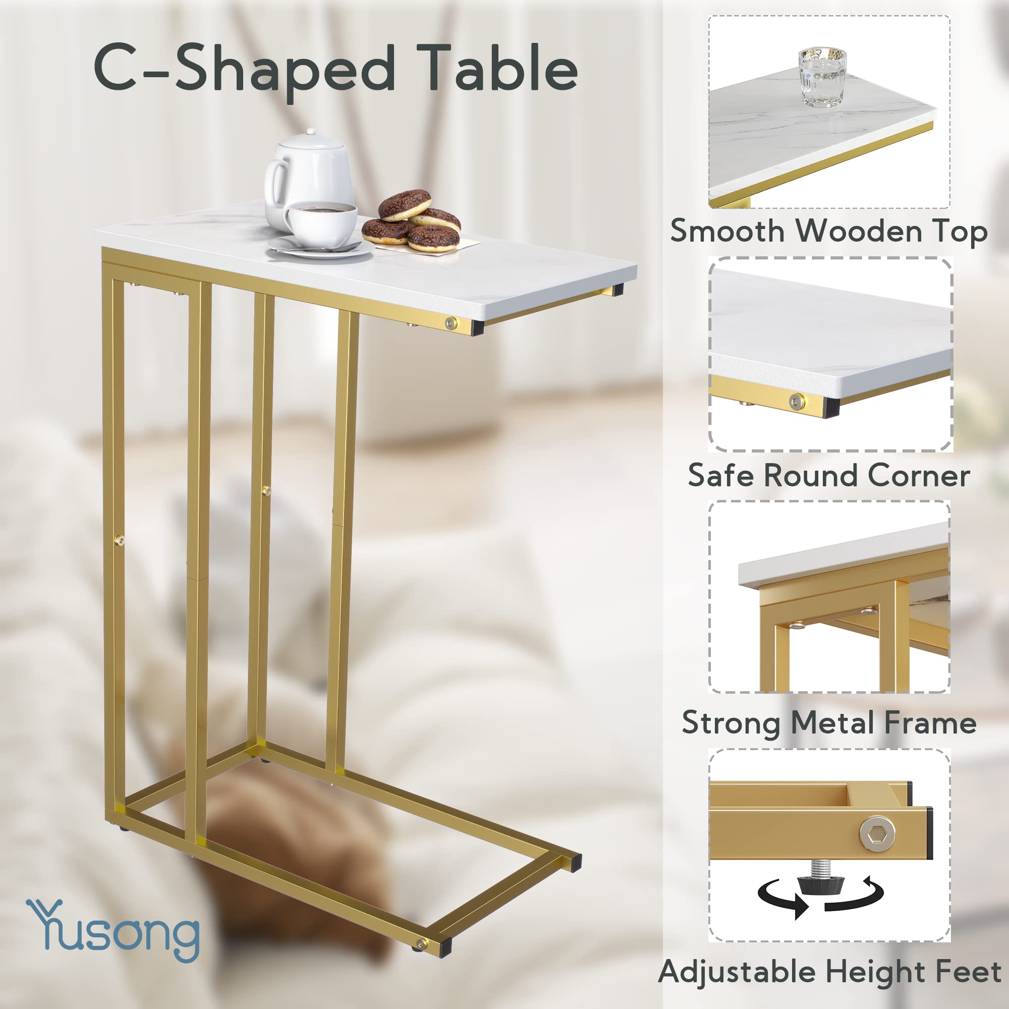 Yusong Small C Shaped End Table, Slim Narrow Couch Side Tables Slide Under Sofa Bed