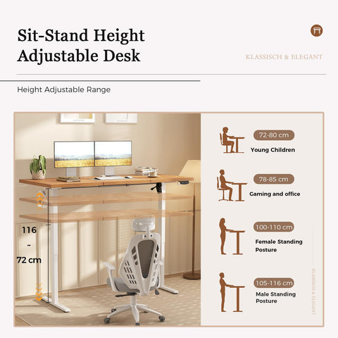 Klicelor Electric Standing Desk, 2 Memory Buttons for stand & sit, 140x60