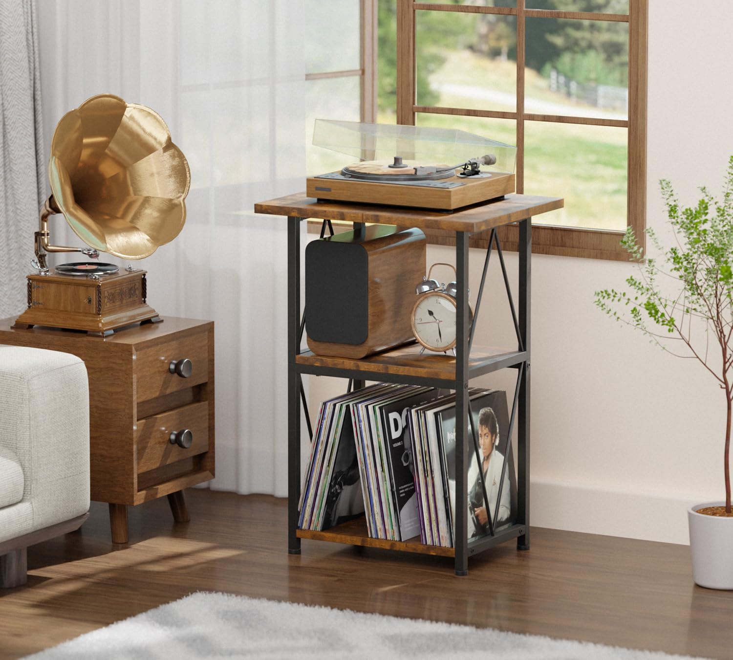 Upgraded Expanded Surface Record Player Stand, 3 Tier End Table with Vinyl Record Storage, 50x40cm Record Player Table