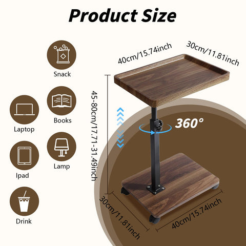 XUDREZ Adjustable Side Table, C Shaped Small Table with 4 Wheels 364° Swivel Tray, End Table for Living Room Bedroom Sofa Small Spaces (Walnut color)