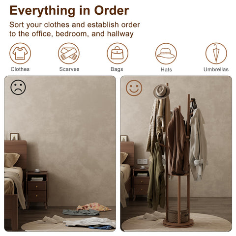 AQIMUELE Coat Stand, Wooden Coat Rack Stand with 3 Storage Shelves and 9 Hooks, Freestanding - Rotatable Coat Hanger Stand