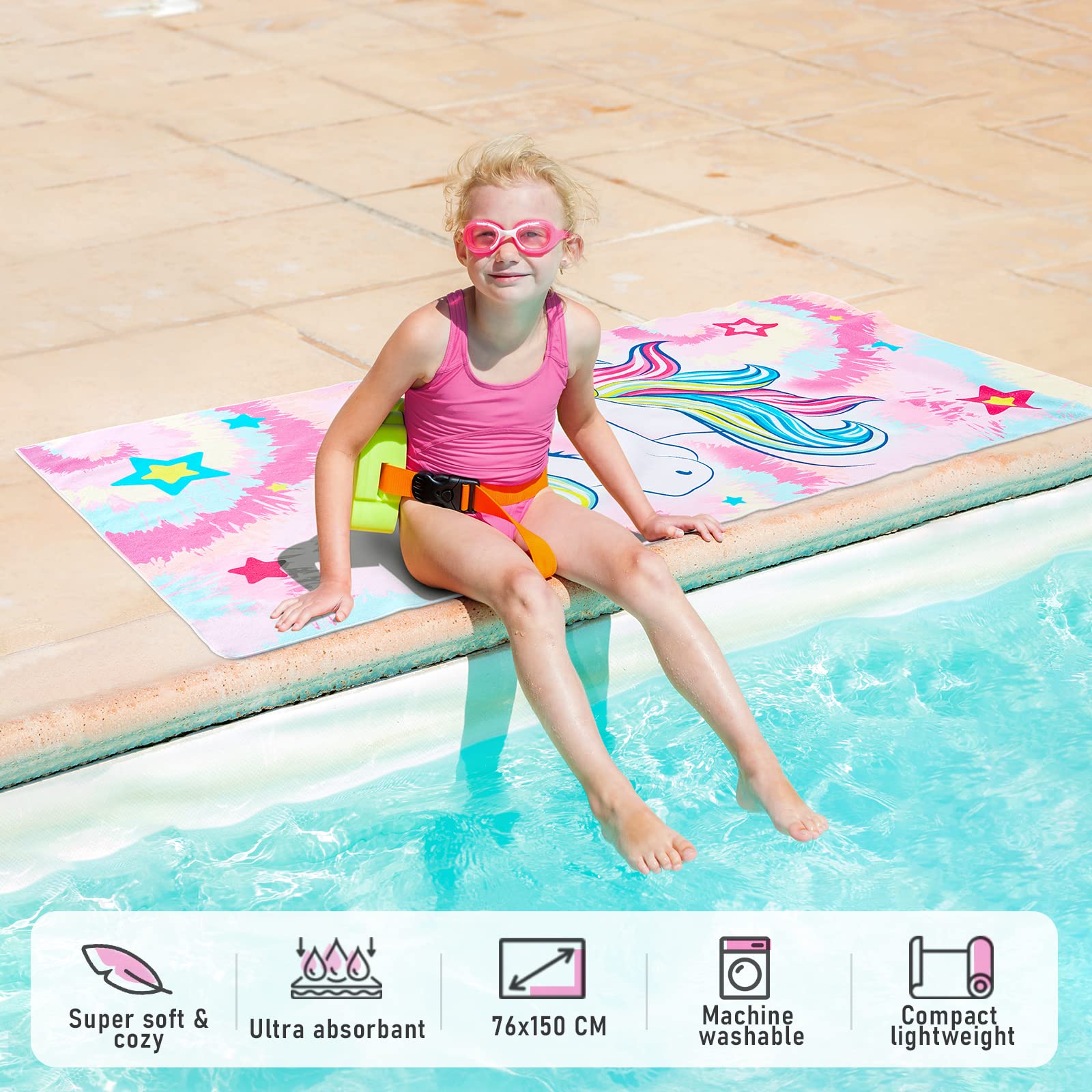 WERNNSAI Unicorn Microfibre Beach Towel for Kids, 76 x 150cm Bath Towel
