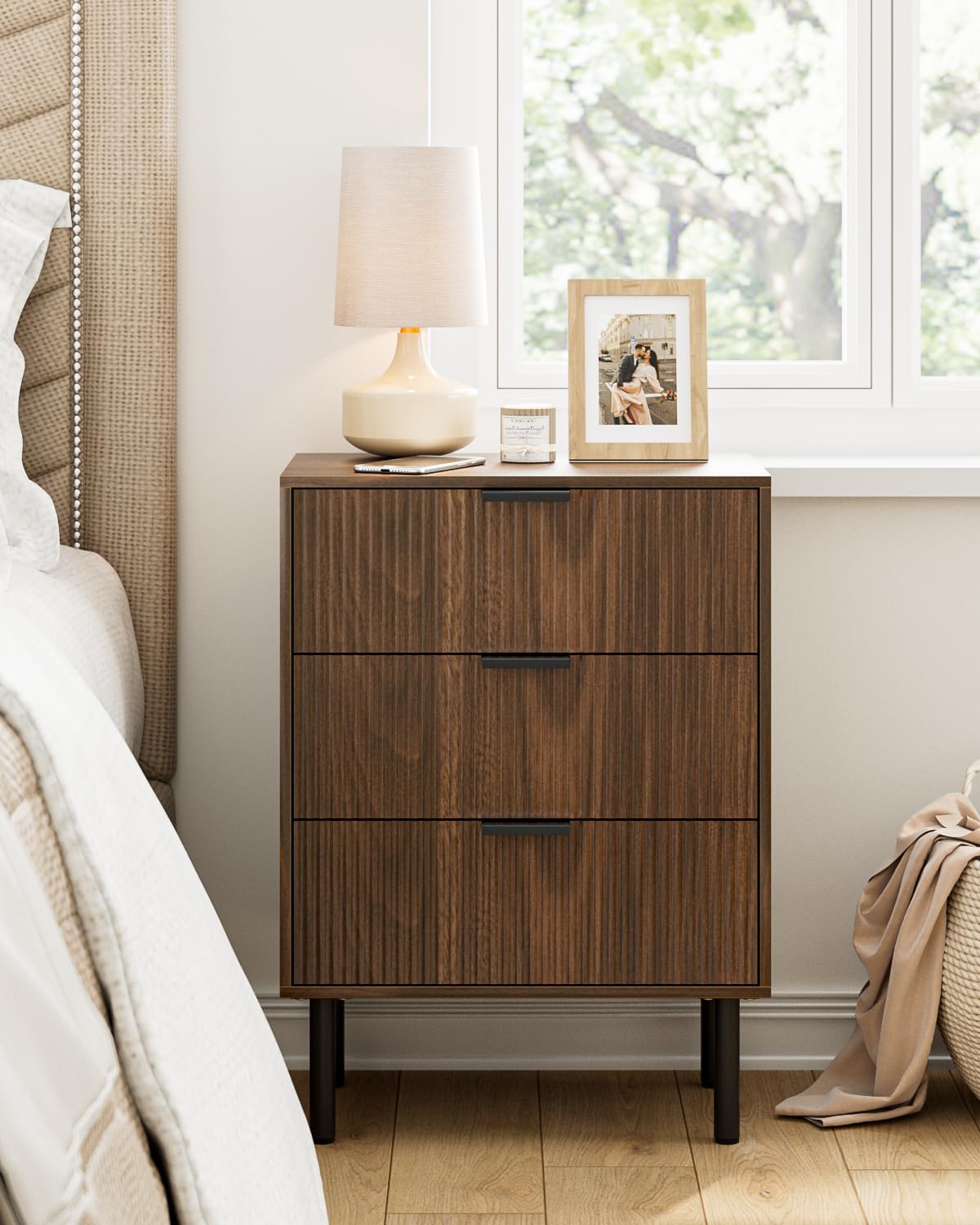 Apetaccat Bedside Table with 3 Drawers, Modern Bedside Cabniet with Metal Legs, Fluted Nightstand, Side Table for Bedroom, Living Room, Office, Walnut