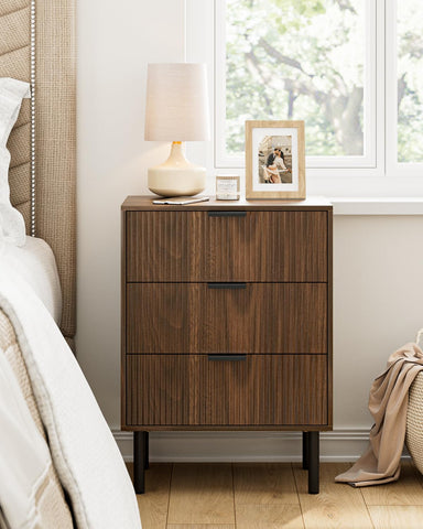 Apetaccat Bedside Table with 3 Drawers, Modern Bedside Cabniet with Metal Legs, Fluted Nightstand, Side Table for Bedroom, Living Room, Office, Walnut
