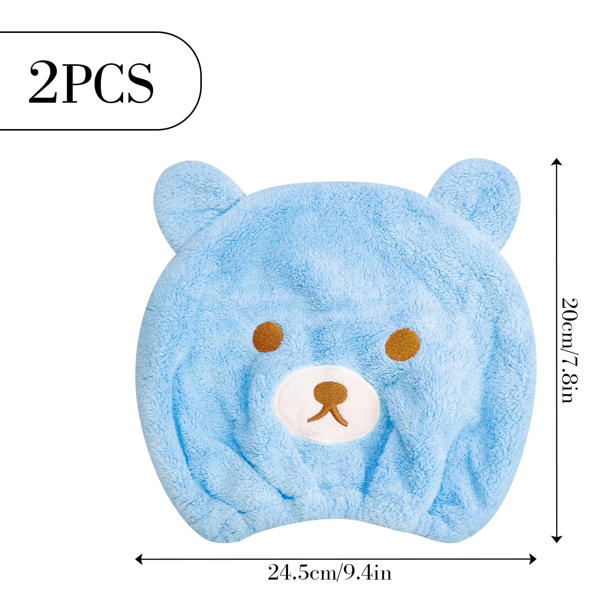 GLADFRESIT 2Pcs Ultra Absorbent Bath Caps, Cute Bear Hair Drying Wrap Towel for Kids, Velvet Quick Dry Head Towel Cap for Girls Shower Spa