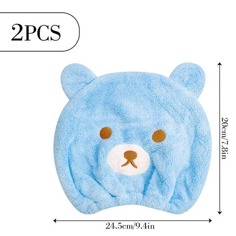 GLADFRESIT 2Pcs Ultra Absorbent Bath Caps, Cute Bear Hair Drying Wrap Towel for Kids, Velvet Quick Dry Head Towel Cap for Girls Shower Spa