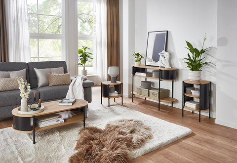 HAKU Side Table Round Side Table Natural Oak Black MDF Top Metal Frame Round Coffee Table - Dimensions: H 44 x Ø 44 cm Style: Modern