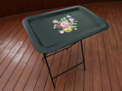 Ruweistar Portable Folding TV Tray Table with Floral Design, Grey Metal Frame, Side Table for Sofa (black)
