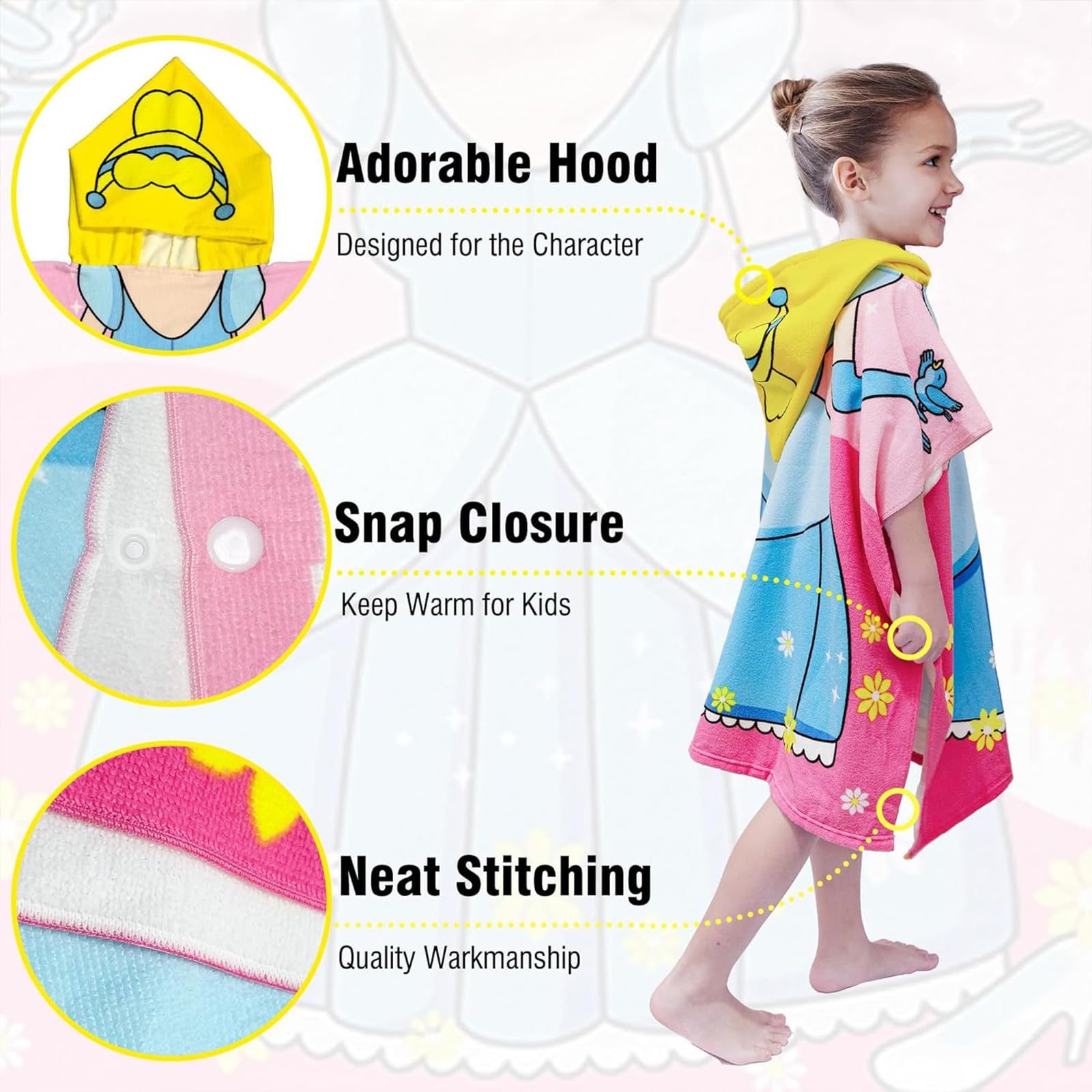 Kids Hooded Poncho Towels Pink Blue Princess Beach Towel with Hooded for Girl,60*90cm Bath Towel Poncho Beach Changing Robe for 5-7th Girl,Polyester