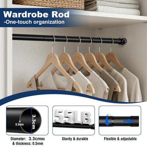 Zipglo Wardrobe Rod 40-220cm, Heavy Duty Wardrobe Rails and Fittings, Extendable Clothes Rail Pole Adjustable Hanging Rails for Wardrobe & Storage