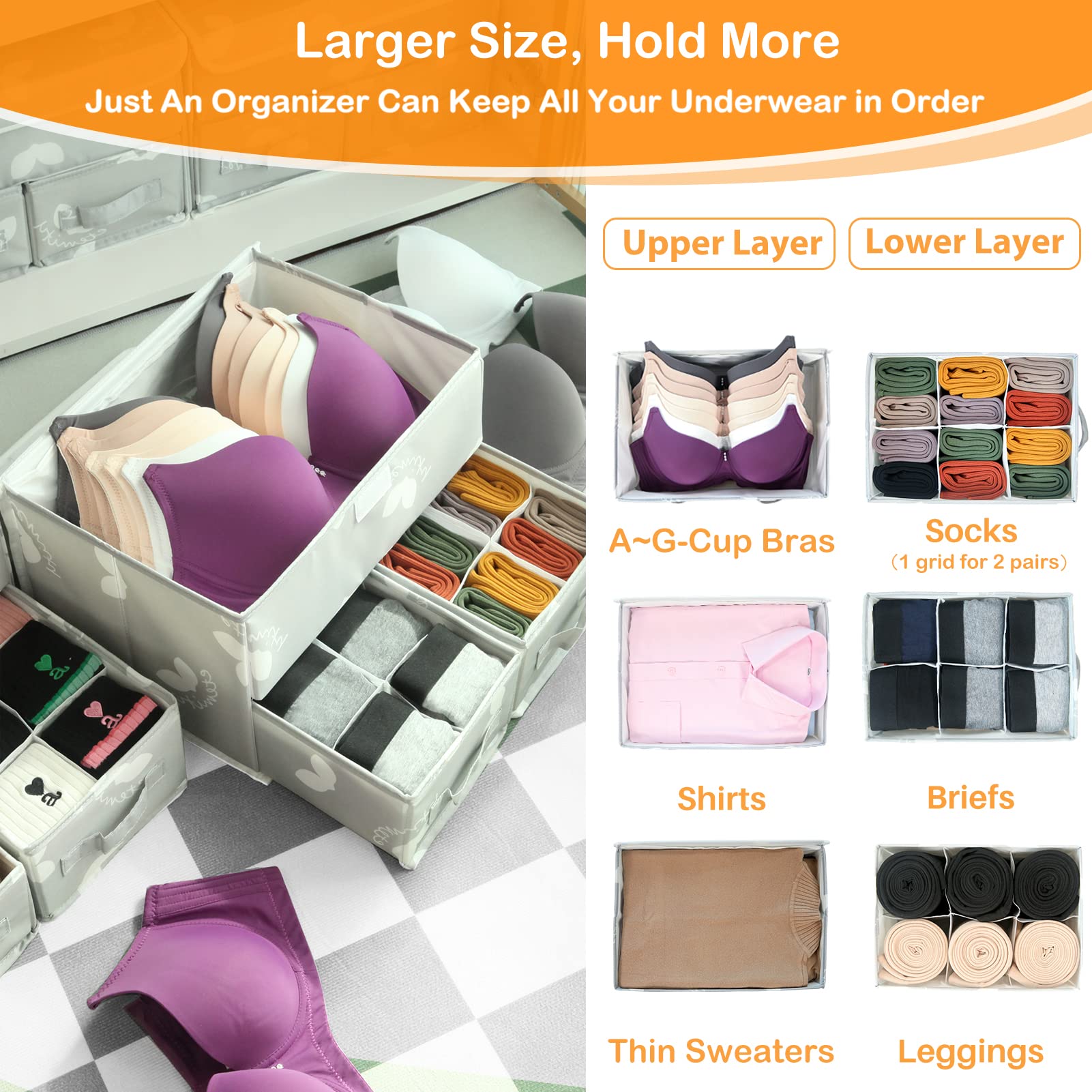 EASEVE 2 Pack Sock Underwear Drawer Organiser with Lid - Wardrobe Clothes Storage Boxes with Dividers, Foldable Fabric Closet Organizer for Bra, Sock