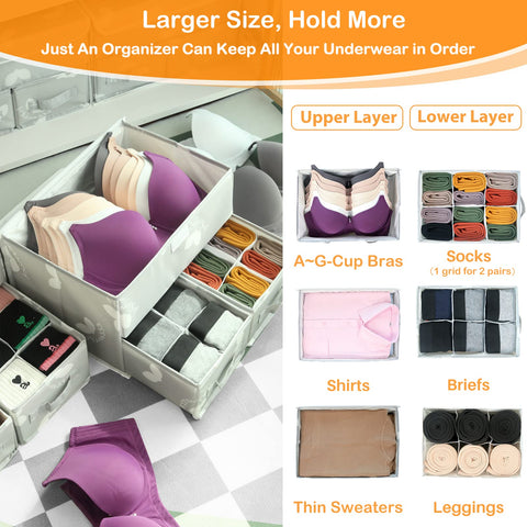 EASEVE 2 Pack Sock Underwear Drawer Organiser with Lid - Wardrobe Clothes Storage Boxes with Dividers, Foldable Fabric Closet Organizer for Bra, Sock