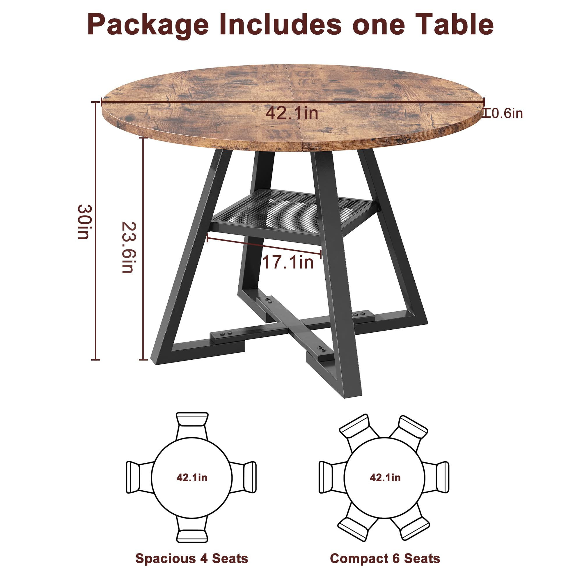 Jocoevol Round Dining Table for 2-4 People, Circle Dinner Table with Shelves, Space Saving Wood Kitchen & Dining Room Furniture (Vintage, 42 inch