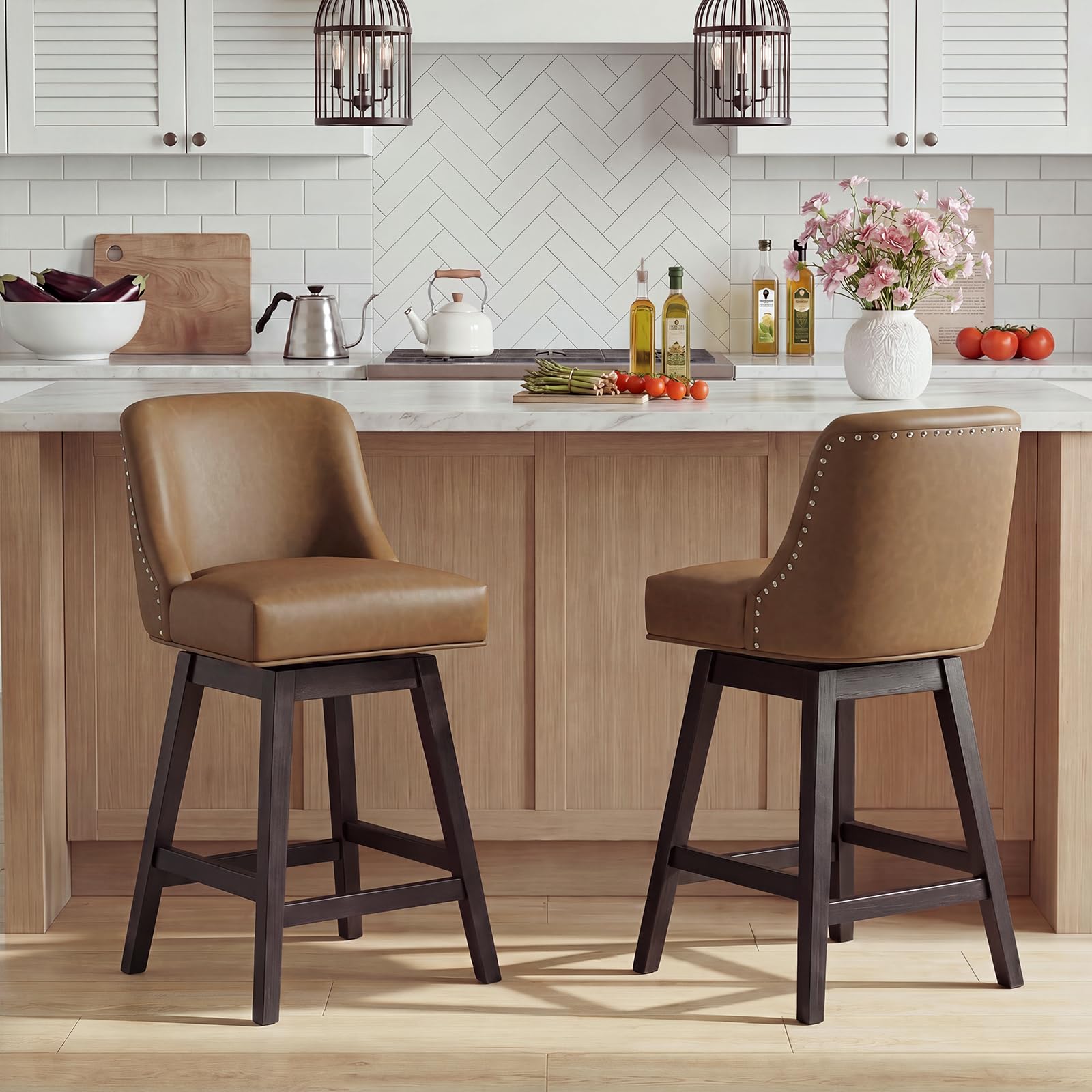 Bar Stools Set of 2, 360° Swivel Upholstered Counter Stools with Back, Wooden Frame Kitchen Bar Chairs with Nailhead Trim