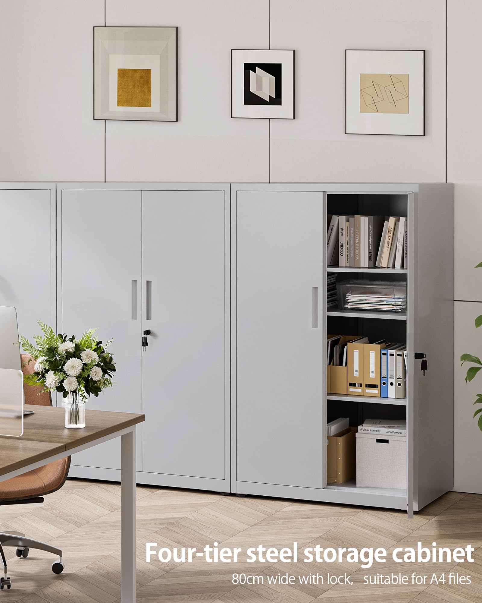 LAND·VOI 4-Tier Lockable Tall Storage Cabinet, Adjustable Shelves Double Door Cupboard 40×80×131.5cm Light Gray