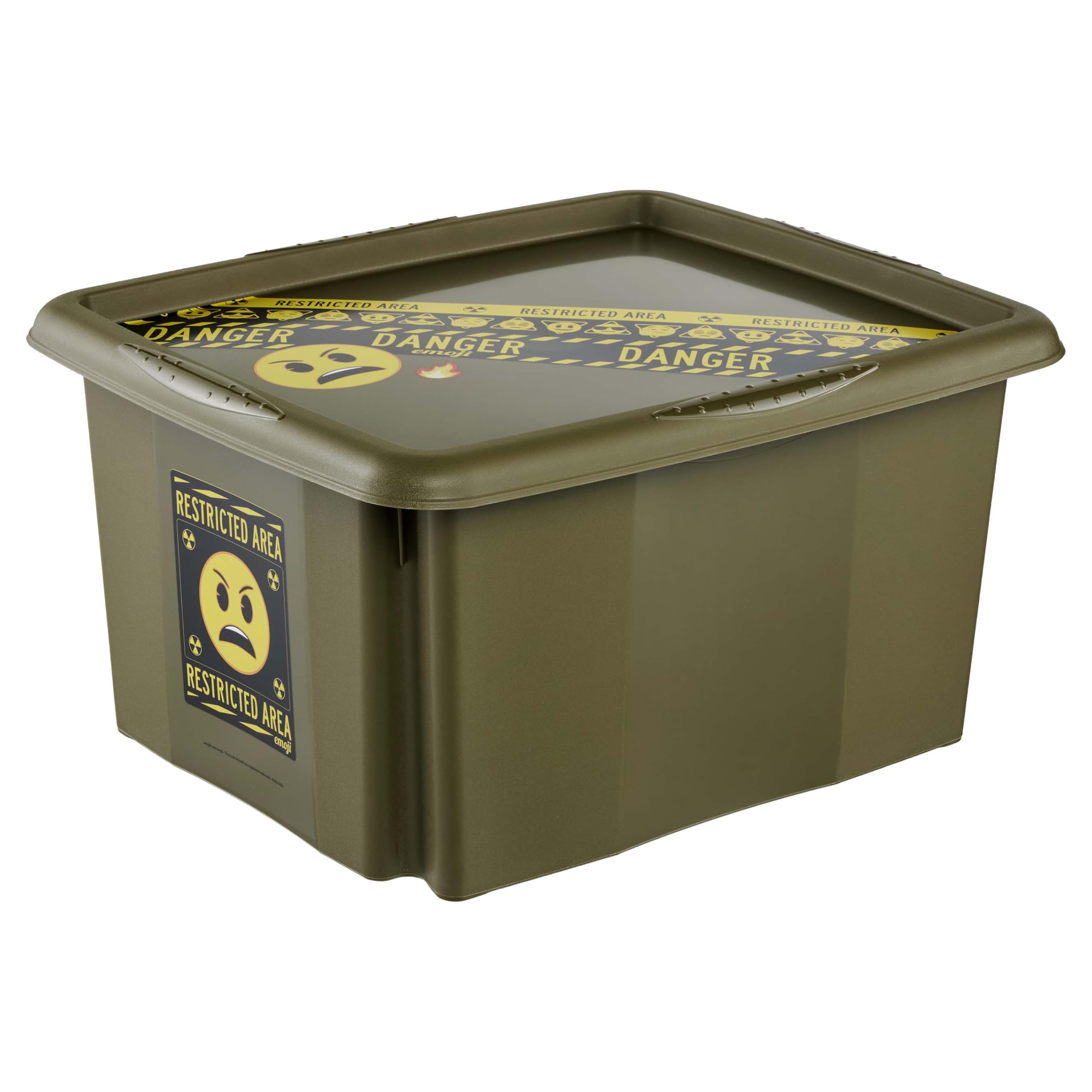 keeeper karolina storage box with lid, 24 l, rotatable and stackable, Emoji Danger design, For children, olive green (Olive)
