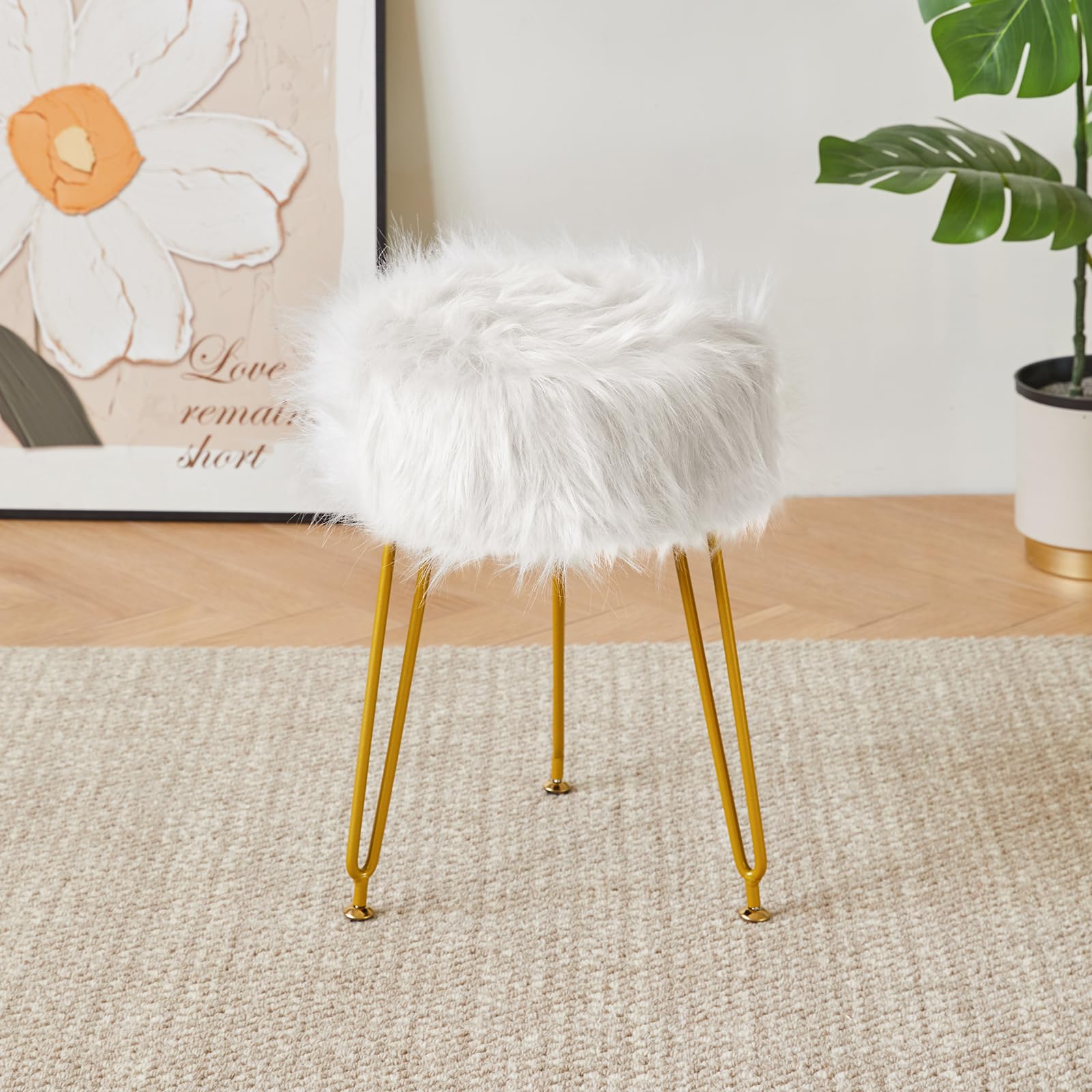 IBUYKE Faux Fur Vanity Chair, Furry Makeup Stool Ottoman, White L/G-32W