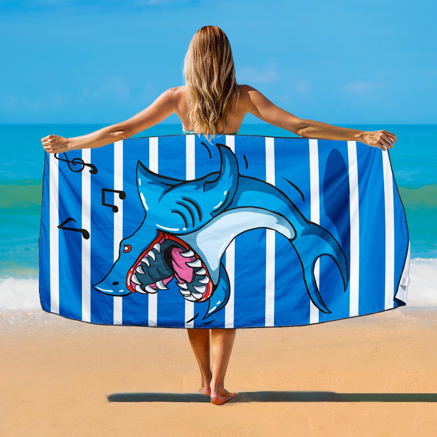 Violetpos Singing Shark Stripe Beach Towel, Extra Large 180x90 cm 250GSM Microfibre, Sand Free Quick Dry