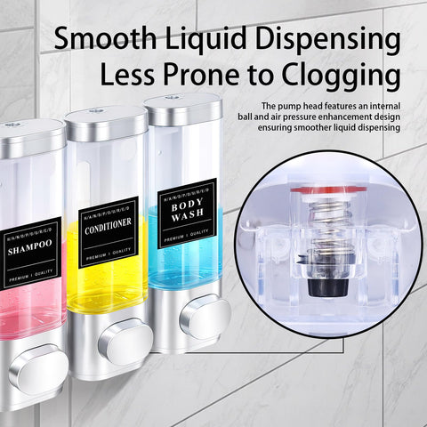 3 Chamber Shampoo and Conditioner Dispenser, Wall Mounted, 300 ml, Silver