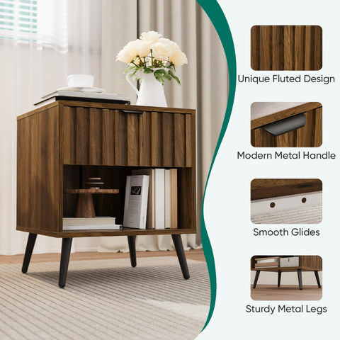 Smuxee Walnut Wooden Night Stand, Mid Century Nightstand with Fluted Drawer, Bedside Table with Open Shelf, Modern End Side Table for Bedroom