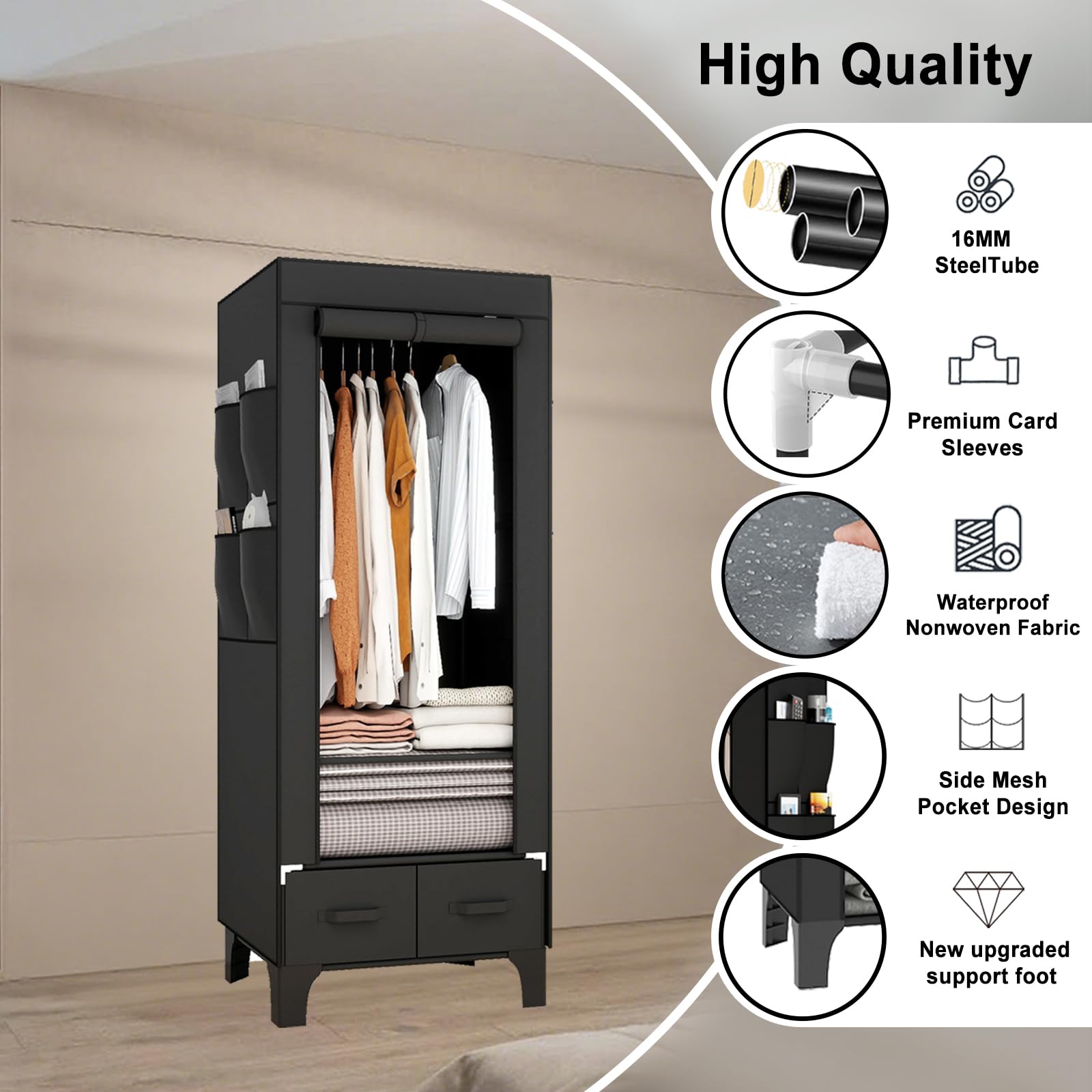 OPPAIYA Canvas Wardrobe, Temporary Wardrobe With Hanging Rails, 2 Shelves, 8 Side Bags & 2 drawer